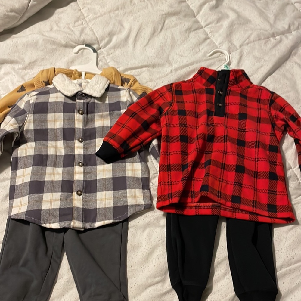 18 month lot. New with tags. Yellow/ grey set is 3 pieces. Red set is 2 pieces